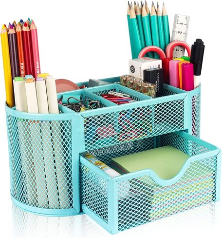 HOPECK Desk Organizer Office Accessories, Multi-Functional Mesh Desk Organizer with 8 Compartments and 1 Drawer for Home, Office, School, Workshop, kitchen (Blue) in Kuwait