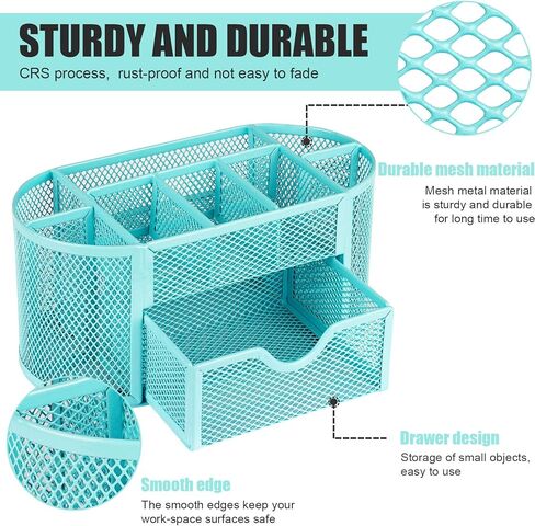 HOPECK Desk Organizer Office Accessories, Multi-Functional Mesh Desk Organizer with 8 Compartments and 1 Drawer for Home, Office, School, Workshop, kitchen (Blue) in Kuwait
