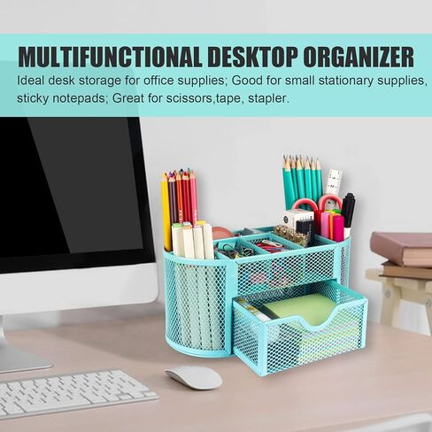 HOPECK Desk Organizer Office Accessories, Multi-Functional Mesh Desk Organizer with 8 Compartments and 1 Drawer for Home, Office, School, Workshop, kitchen (Blue) in Kuwait