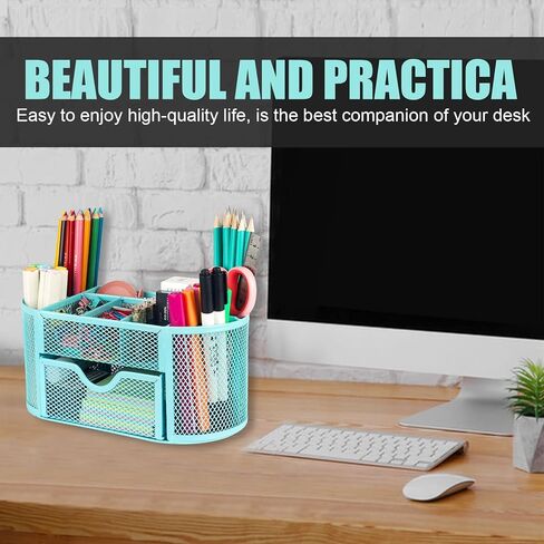 HOPECK Desk Organizer Office Accessories, Multi-Functional Mesh Desk Organizer with 8 Compartments and 1 Drawer for Home, Office, School, Workshop, kitchen (Blue) in Kuwait