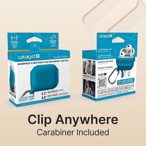 حافظة Catalyst المقاومة للماء لأجهزة AirPods الجيل الثالث - حافظة AirPods الجيل الثالث المتوافقة مع الشحن اللاسلكي وUSB-C، حافظة AirPod للحماية من السقوط الجيل الثالث تصميم قطعة واحدة مع حلقة تسلق in Kuwait
