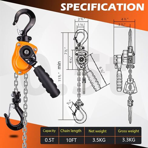 Manual Lever Chain Hoist, 1/2 Ton 1100lbs Mini Lever Block, 3M 10 FT Puller Come Along, G80 Rope Hoist Tool with Hook for Warehouse Building in Saudi Arabia