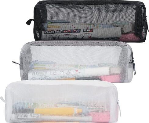 Mesh Pen Bag, 3 Pcs Mesh Zipper Pouch, Multipurpose Clear Pencil Case Organizer Stationery Storage Bag, Clear Zipper Pouches for Office Supplies Cosmetics Makeup Travel Accessories in Saudi Arabia