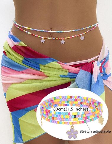 Akeoqi 10 قطع سلاسل خرز الخصر وسلاسل البطن الأفريقية بالإضافة إلى حجم ملون بوهو الزجاج حبة الجسم سلسلة الصيف بيكيني للشاطئ مجموعة مجوهرات مثيرة للنساء 31.5 بوصة in Kuwait