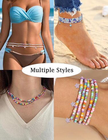Akeoqi 10 قطع سلاسل خرز الخصر وسلاسل البطن الأفريقية بالإضافة إلى حجم ملون بوهو الزجاج حبة الجسم سلسلة الصيف بيكيني للشاطئ مجموعة مجوهرات مثيرة للنساء 31.5 بوصة in Kuwait