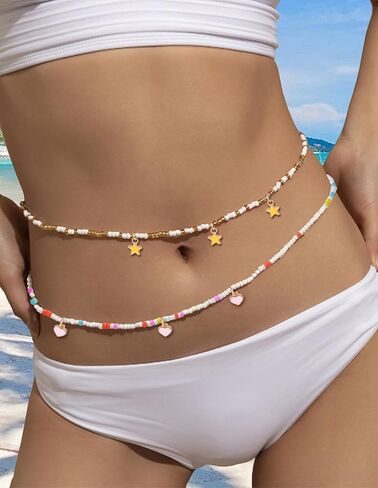 Akeoqi 10 قطع سلاسل خرز الخصر وسلاسل البطن الأفريقية بالإضافة إلى حجم ملون بوهو الزجاج حبة الجسم سلسلة الصيف بيكيني للشاطئ مجموعة مجوهرات مثيرة للنساء 31.5 بوصة in Kuwait