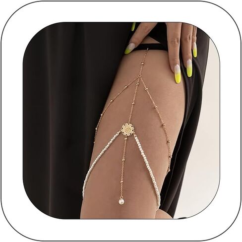 Sexy Layered Leg Chain Vintage Stretchy Pearl Thigh Chain Elegant Beaded Tassel Snake Body Chain Hollow Carved Gold Leg Chain Summer Beach Jewelry for Women in Saudi Arabia