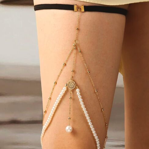 Sexy Layered Leg Chain Vintage Stretchy Pearl Thigh Chain Elegant Beaded Tassel Snake Body Chain Hollow Carved Gold Leg Chain Summer Beach Jewelry for Women in Saudi Arabia