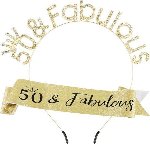 مجموعة وشاح وتاج عيد الميلاد الخمسين باللون الذهبي 50 وعصابة رأس رائعة لعيد الميلاد تاج زينة عيد الميلاد الخمسين للنساء هدايا عيد الميلاد الخمسين لزينة حفلات عيد ميلاد سعيد عمرها 50 عامًا in Kuwait