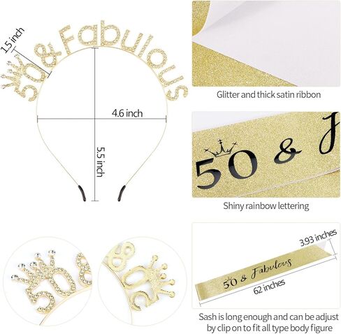 مجموعة وشاح وتاج عيد الميلاد الخمسين باللون الذهبي 50 وعصابة رأس رائعة لعيد الميلاد تاج زينة عيد الميلاد الخمسين للنساء هدايا عيد الميلاد الخمسين لزينة حفلات عيد ميلاد سعيد عمرها 50 عامًا in Kuwait