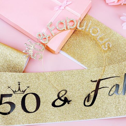 مجموعة وشاح وتاج عيد الميلاد الخمسين باللون الذهبي 50 وعصابة رأس رائعة لعيد الميلاد تاج زينة عيد الميلاد الخمسين للنساء هدايا عيد الميلاد الخمسين لزينة حفلات عيد ميلاد سعيد عمرها 50 عامًا in Kuwait