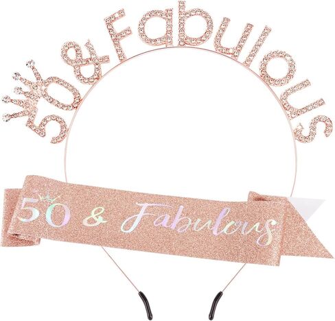 مجموعة وشاح وتاج عيد الميلاد الخمسين باللون الذهبي 50 وعصابة رأس رائعة لعيد الميلاد تاج زينة عيد الميلاد الخمسين للنساء هدايا عيد الميلاد الخمسين لزينة حفلات عيد ميلاد سعيد عمرها 50 عامًا in Kuwait