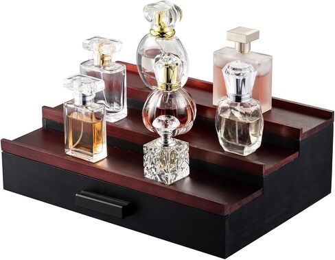 Wooden 3 Tier Fragrance Organizer Storage Cologne Stand for Men, Perfume Tray Display with Drawer, Cologne Accessories, Cherry&Black in Saudi Arabia