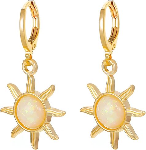 Opal Sun Hoop Earrings Gold Silver Plated Vintage Unique Sunflower Flower Sunburst Celestial Lightweight Dangle Drop Earrings for Women Teen Girls Boho Style Birthday Party Vacation Fashion Jewelry Gifts in Saudi Arabia