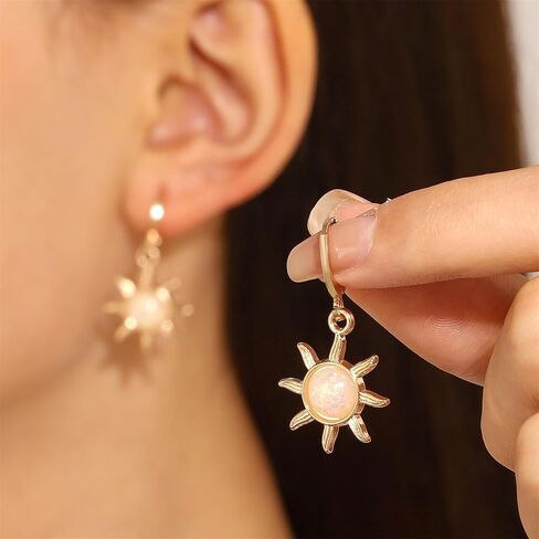 Opal Sun Hoop Earrings Gold Silver Plated Vintage Unique Sunflower Flower Sunburst Celestial Lightweight Dangle Drop Earrings for Women Teen Girls Boho Style Birthday Party Vacation Fashion Jewelry Gifts in Saudi Arabia