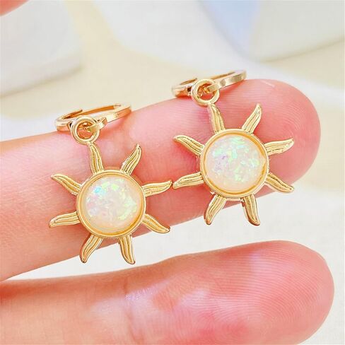 Opal Sun Hoop Earrings Gold Silver Plated Vintage Unique Sunflower Flower Sunburst Celestial Lightweight Dangle Drop Earrings for Women Teen Girls Boho Style Birthday Party Vacation Fashion Jewelry Gifts in Saudi Arabia