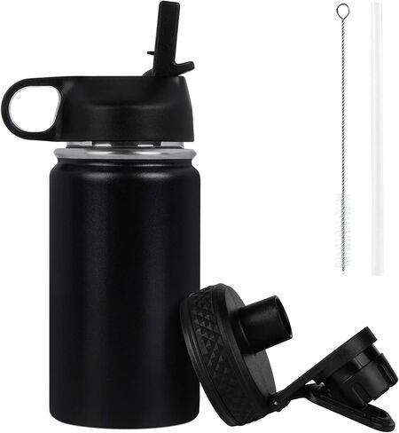 GINGPROUS 12 oz Insulated Water Bottle for Kids with 1 Straw 2 Lids (Straw Lid+Spout Lid) Metal Water Bottle Stainless Steel Double Wall Kid Tumbler Water Bottle for Kid Outdoor Activities, Black in Saudi Arabia