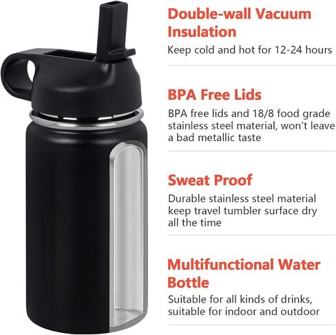 GINGPROUS 12 oz Insulated Water Bottle for Kids with 1 Straw 2 Lids (Straw Lid+Spout Lid) Metal Water Bottle Stainless Steel Double Wall Kid Tumbler Water Bottle for Kid Outdoor Activities, Black in Saudi Arabia