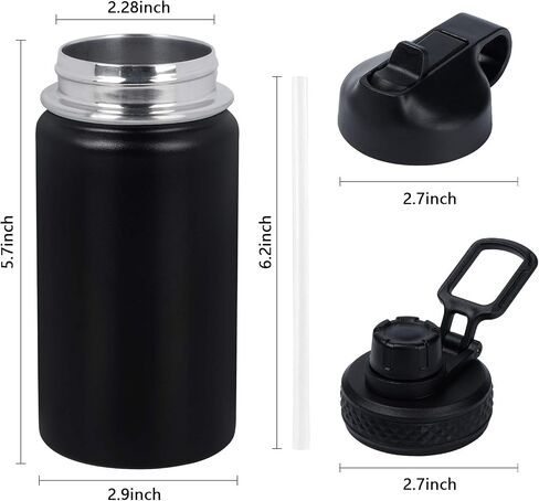 GINGPROUS 12 oz Insulated Water Bottle for Kids with 1 Straw 2 Lids (Straw Lid+Spout Lid) Metal Water Bottle Stainless Steel Double Wall Kid Tumbler Water Bottle for Kid Outdoor Activities, Black in Saudi Arabia