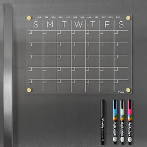 Magnetic Acrylic Calendar for Fridge, Includes 4 Magnetic Wet-Erase Markers for Refrigerator, 18" X 14"
