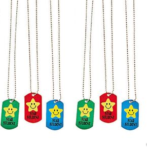 Star Student Dog Tag Necklaces - Unisex Colors - Thick Metal - 24 Inch Chains - School Classroom Reward Incentives - Teacher Supplies - Recognition Education Awards - Bulk 12 Ct