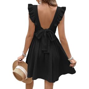 CUPSHE Women's Mini Dress V Neck Flutter Sleeve Cotton Self Tie Back A Line Short Summer Cover Up Dress