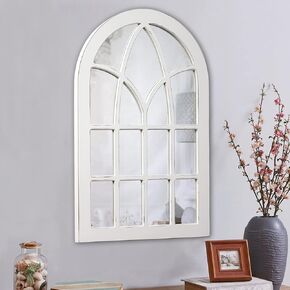Farmhouse Large Arched Window Pane Mirror Wall Decor 36 x 24 inch, Hanging Rustic White Mirror Window Wall Decor, Decorative Cathedral Wall Mounted Wood Mirror for Living Room Bedroom