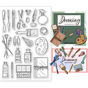 Painting Tools Clear Stamp for Scrapbooking Paint Brush Silicone Clear Stamp Pen Spatula Palette Rubber Transparent Seal Stamps for DIY Handbook Card Making Photo Album Journal Decoration