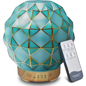 Essential Oil Diffuser, Glass Ultrasonic Aromatherapy Diffuser with 7 Color LED Lights, with Remote Control, Cool Mist Humidifier, Timed Mist, Auto Shut-Off with No Water, Aquamarine