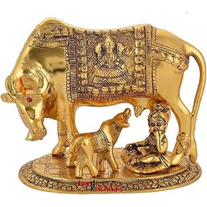 Whitewhale Large Gold Elegant Kamdhenu Cow and Calf Metal Statue Spiritual Showpiece in Saudi Arabia