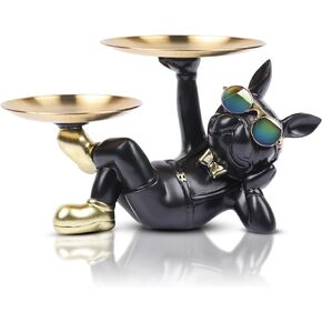 Suruim Resin Bulldog Statue with Two Storage Trays, Black, 10.43in/26.5cm x 6.69in/17cm x 6.69in/17cm
