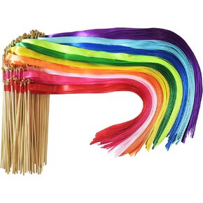 100 Pieces Multi-Color Ribbon Wands Streamers Sticks with Gold Bell, Chromatic Silk Wish Wands Fairy Stick Party Rhythm Ribbon Streamers for Wedding Send Off Bridal Shower Party Photo Props