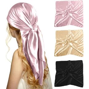 ZMC 3PCS Satin Square Head Scarf, 35’’ Hair Silk Scarves Solid Color Large Satin Hair Scarves Bandanas Square Silk Hair Wrap Neck Scarf for Women(A)