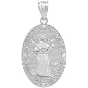 925 Sterling Silver Saint Francis Of Assisi CZ Oval Medal Charm Pendant (Small)