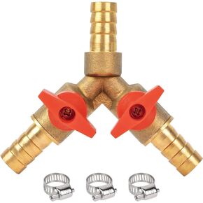 JUWO 3/8" 3 Way Hose Barb with Shut-off Ball Valve, Y Shaped Brass Barb Fitting for Fuel, Air, Oil, 3 Clamps Included (1-Pack)