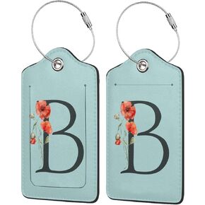 2 Pack Blue Luggage Tag for Suitcase, Black Letter B Boho Flowers Leaves Floral Pu Leather Suitcase Tag with Loop & Privacy Cover Name Id Label for Bags and Backpacks Baggage Suitcase Identifiers