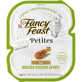 Fancy Feast Gourmet Grain-Free Meals Wet Cat Food Pate and Gravy Petites 10 Twin Pack Trays, 20 Servings (Braised Chicken Pate)