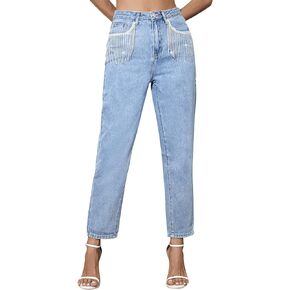 SweatyRocks Women's Casual High Rise Straight Leg Jeans Rhinestone Fringe Trim Denim Pants
