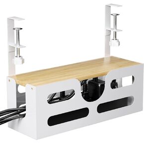 Under Desk Cable Management Box with Lid, Large Cable Management Under Desk White, Desk Cable Management Tray with Adjustable Clamps for Home and Office
