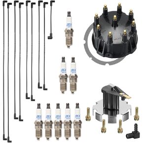 Tune up kit for Mercruiser 5.0, 5.7, 7.4, 8.2 V8 engines with Thunderbolt Ignition. Includes spark plug wires, distributor cap/rotor, and 8 MR43T spark plugs