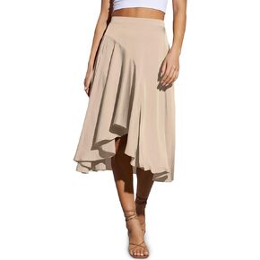 Cicy Bell Womens Satin Midi Skirts High Waisted Asymmetrical Ruffle A-line Flowy Swing Skirt
