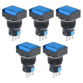 uxcell 5Pcs 16mm Latching Push Button Switch Blue Square Button SPDT 1 No 1 NC