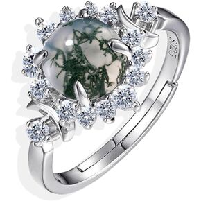 Nature's Delight: 7 * 7MM Moss Agate Rings for Women-925 Sterling Silver Adjustable Ring- Stunning Women's Engagement Wedding Rings