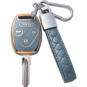 Compatible with Honda Key Fob Cover with Leather Lanyard, Car Key Case Shell Protection for Honda 2003-2012 Accord Civic EX Smart Remote Control,Black