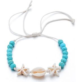 Caiyao Natural Cowrie Shell Turquoise Bead Bohemian Bracelet Handmade Braided Wax Rope Women Adjustable Starfish Anklet Beach Parties Jewelry