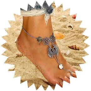Boho Disc Barefoot Sandals Anklets Bracelet Silver Disc Ankle Bracelet Tribal Tassel Toe Chain Anklet Summer Beach Ankle Chain Foot Jewelry for Women and Girls