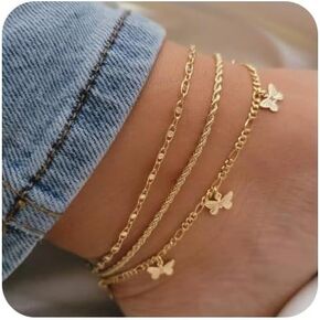 Gold Ankle Bracelets for Women, 14k Gold Plated Waterproof Cuban Link Chain Anklets Set, Layered Anklet Bracelets for Women Adjustable Size Beach Gift