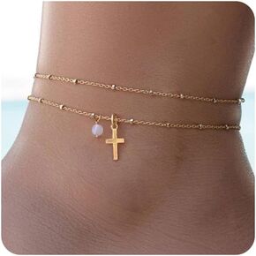 أساور الكاحل الذهبية للنساء، مجموعة خلخال سلسلة كوبية مقاومة للماء مطلية بالذهب عيار 14 قيراط، أساور خلخال ذات طبقات للنساء هدية للشاطئ بحجم قابل للتعديل in Kuwait