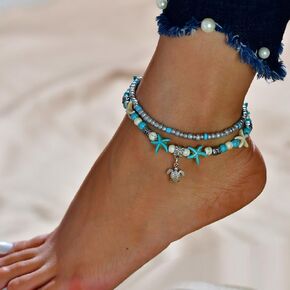 Zoestar Boho Starfish Turtle Anklet Ankle Bracelet Beaded Foot Accessories Double Layer Jewelry for Women and Girls(Silver/1Pc)