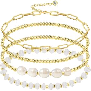 Gold Pearl Crystal Beaded Bracelets Set for Women, 14K Real Gold Pearl Beads Bracelet Stake Paperclip Link Chain Bracelets Gold Bracelets for Women Teen Girls